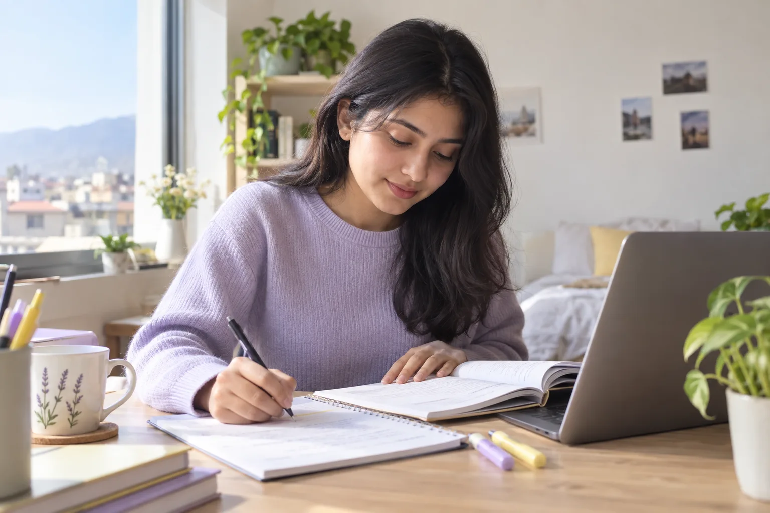 Student reviewing study notes beside a laptop at home