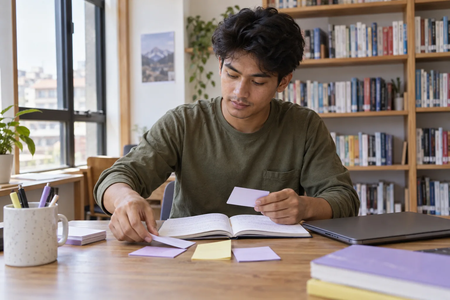 Student organizing practice notes at a library desk