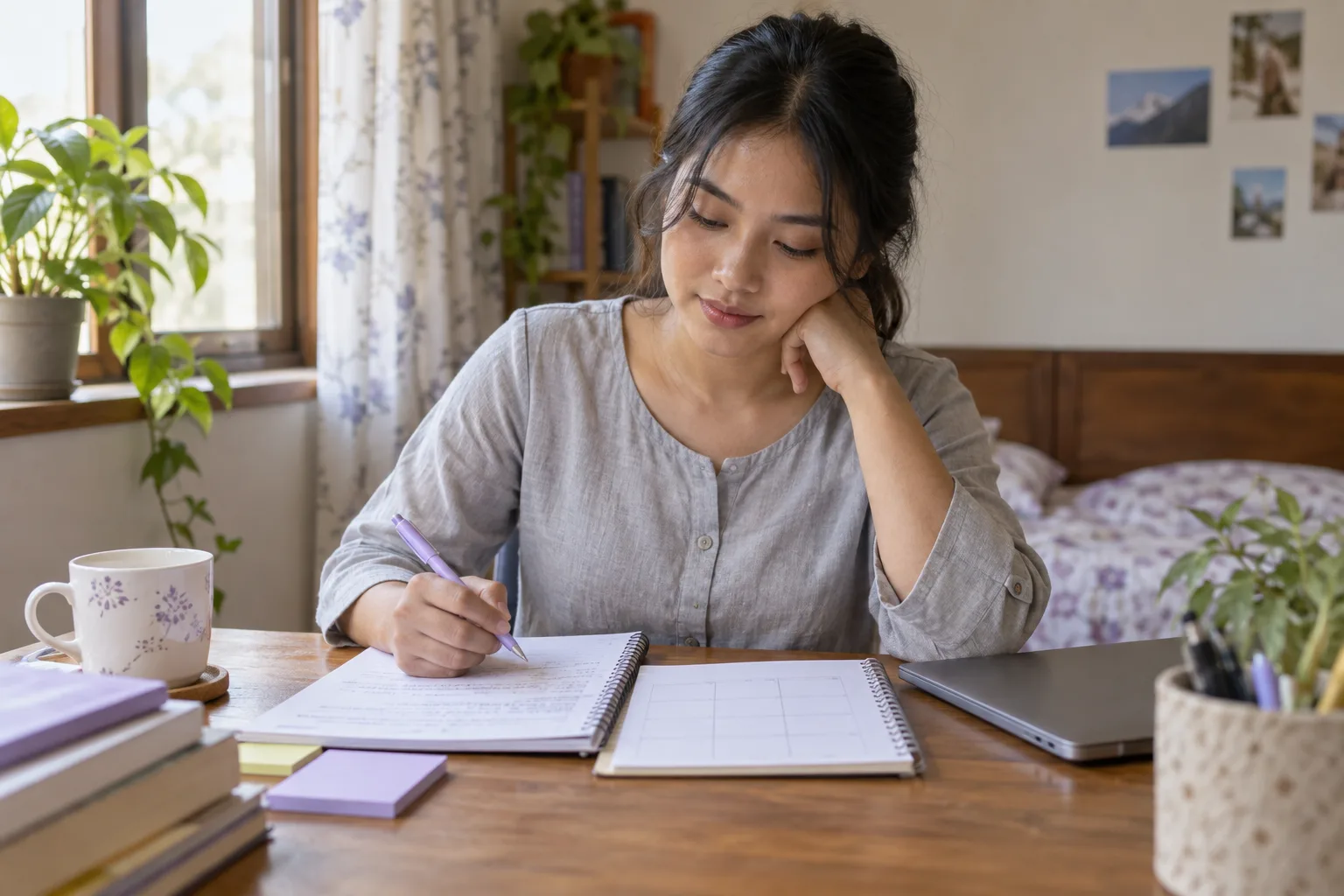 Student reviewing English learning notes and a practice planner