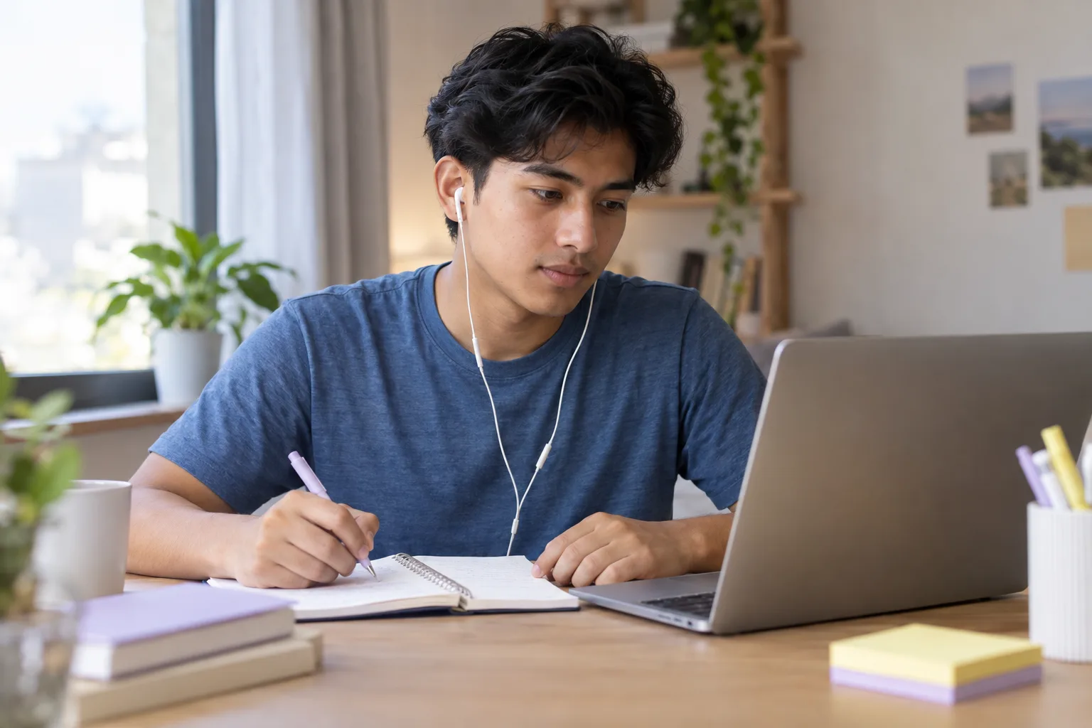 Student practising English listening with earbuds and study notes