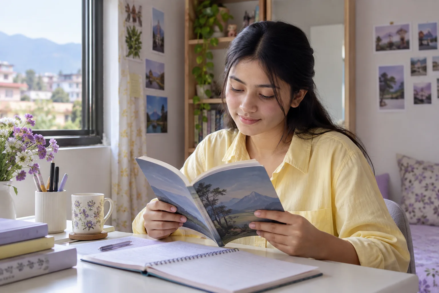 झ्यालछेउ बसेर कविता किताब पढिरहेकी विद्यार्थी