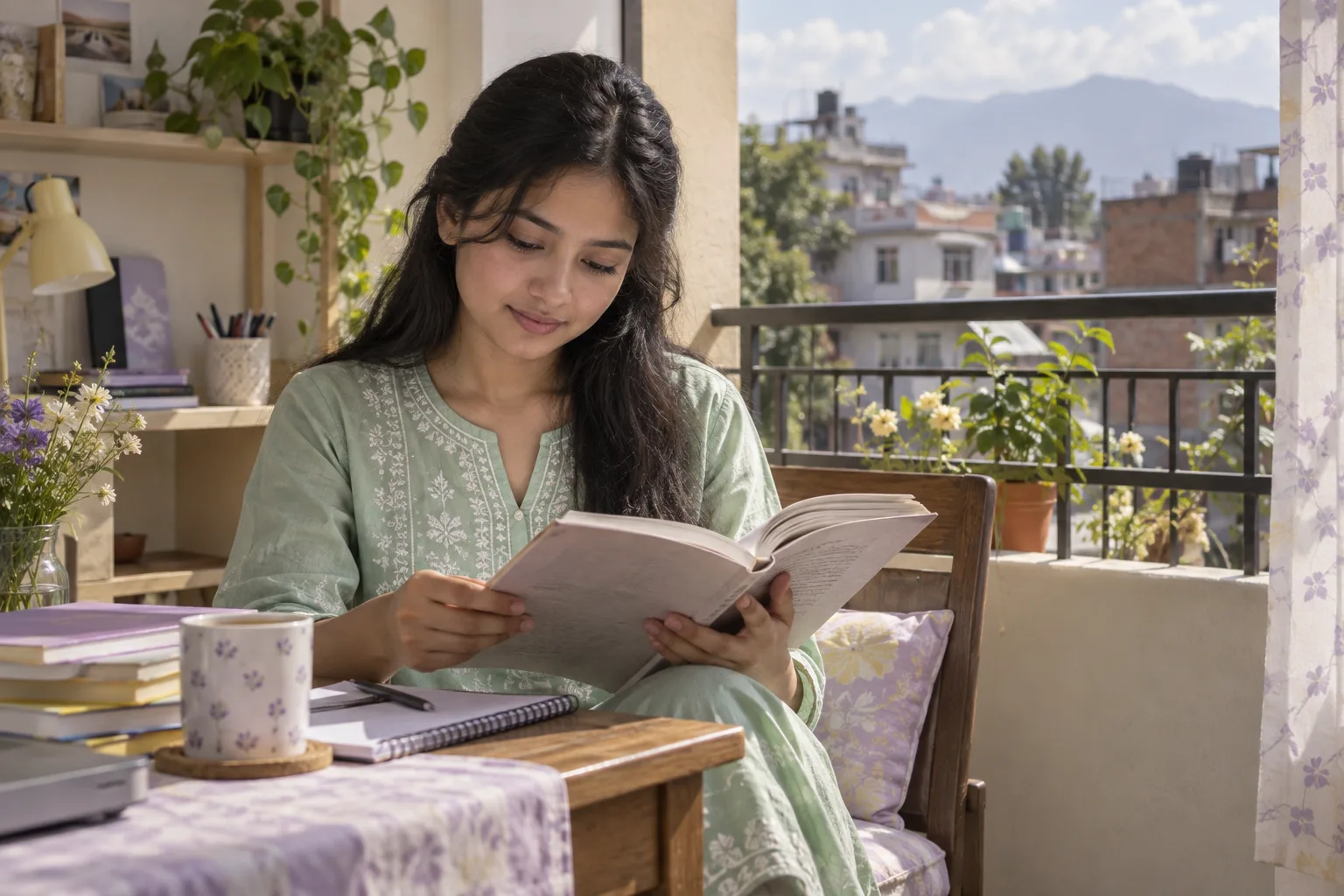 बाल्कनीछेउ निबन्ध किताब पढिरहेकी विद्यार्थी