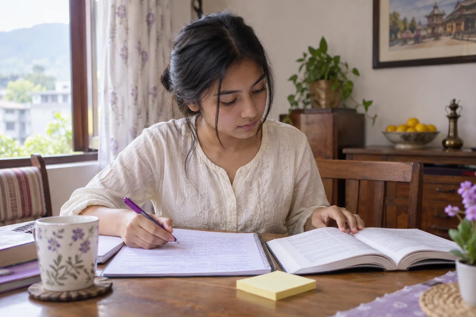 किताबसँग आफ्नो लिखित उत्तर तुलना गरिरहेकी विद्यार्थी
